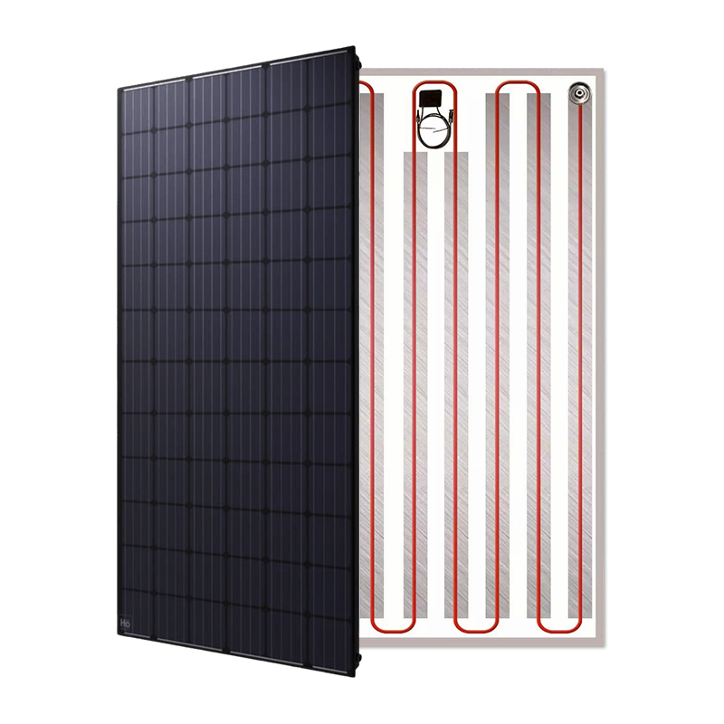 Panneau solaire hybride PVT 600Wc, vue en coupe montrant les cellules photovoltaïques et le circuit d'eau chaude